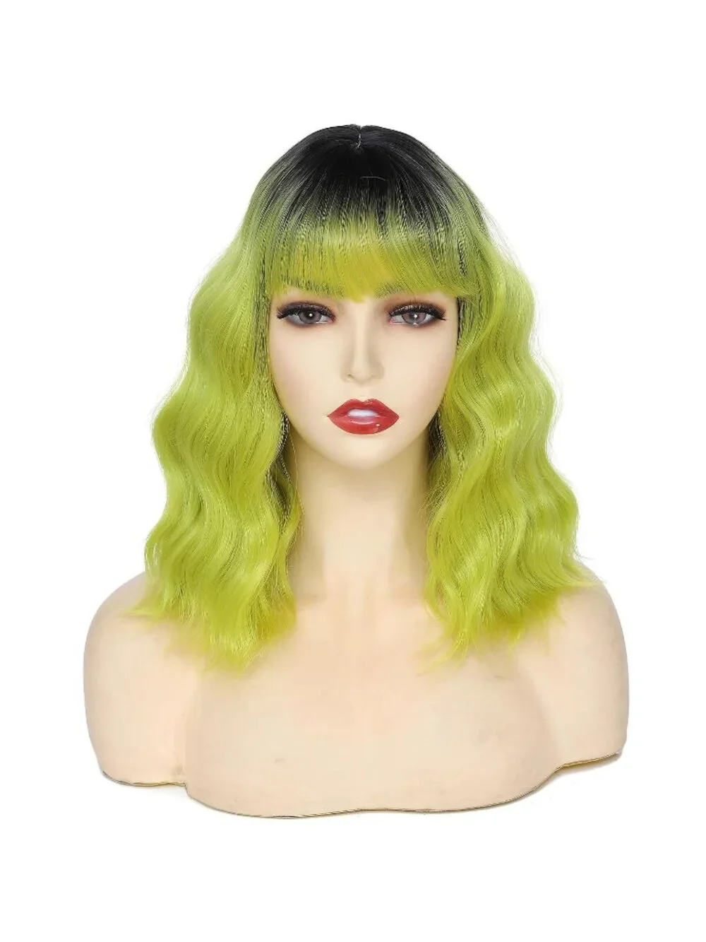 Women's Ombre Green 14 Inch Heat Resistant Short Wavy Hair Pastel Bob Wig Bangs
